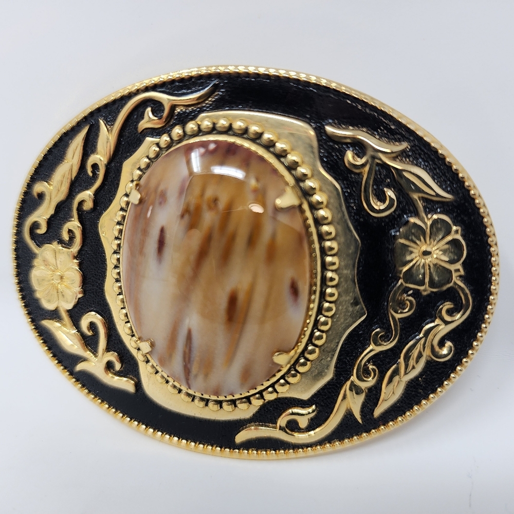 Western Style Polished Stone And Gold Tone Floral Embossed Belt Buckle - Picture 3 of 5